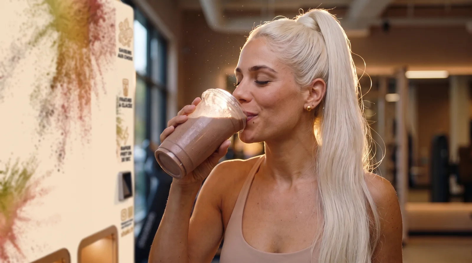 Première gorgée de protein shake après l’entraînement — visuel d’illustration non contractuel
